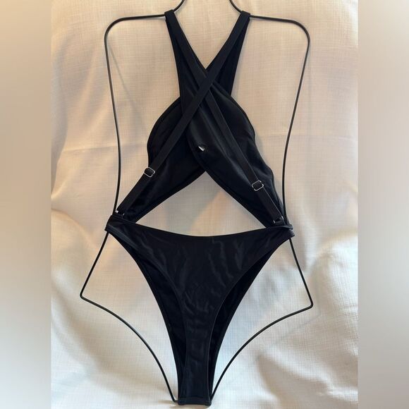 Kaei&Shi One Piece Swimsuit Women Cut Out Criss Cross Thong Monokini Black M - Picture 5 of 10
